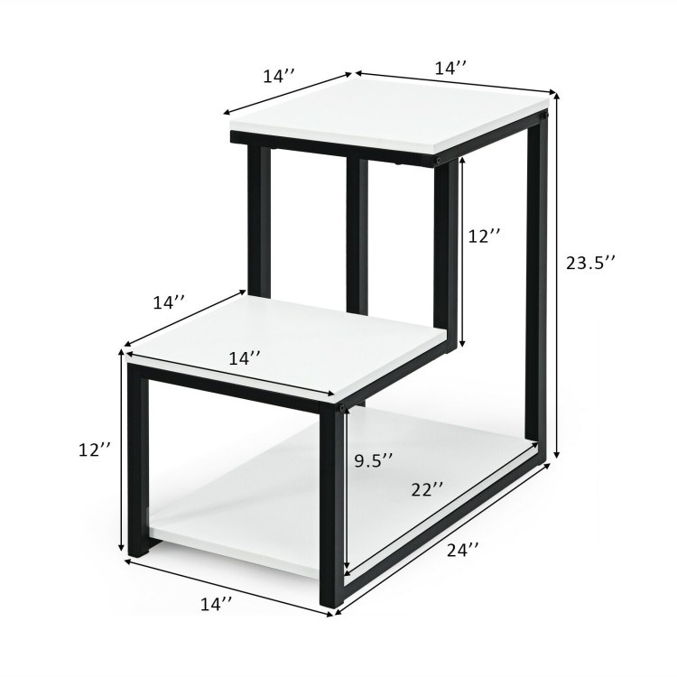 Three-tier side table in white with black steel frame, featuring ample storage space and a unique stair-step design.